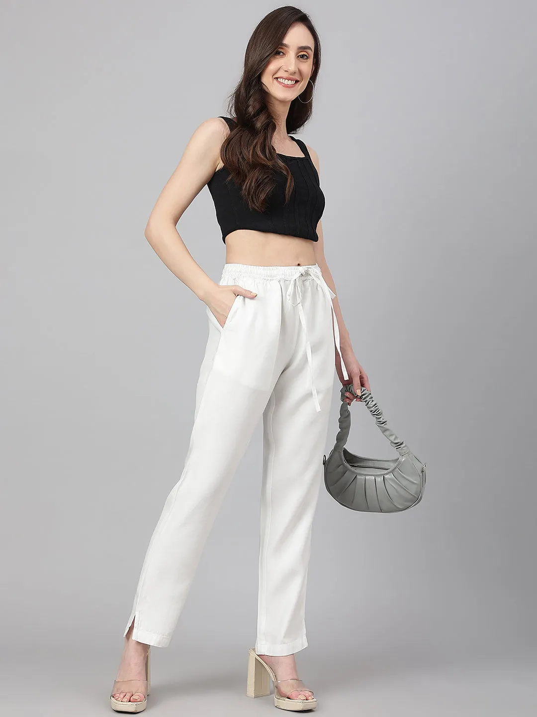 White Denim Solid Casual Pant