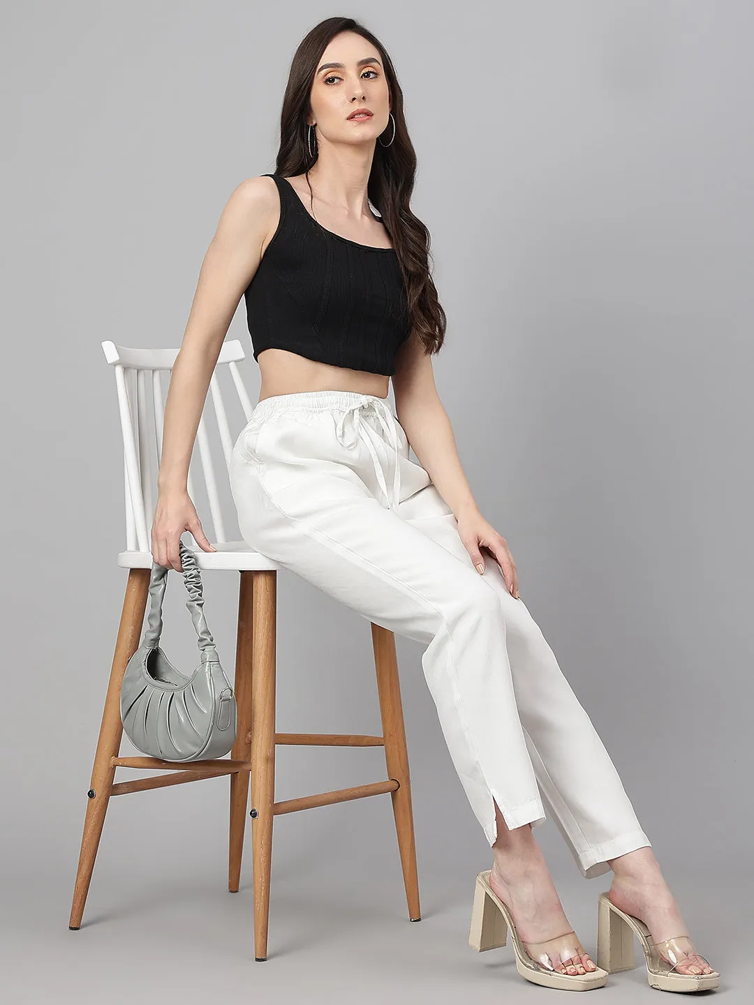 White Denim Solid Casual Pant