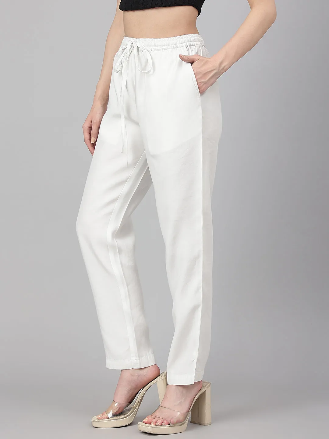 White Denim Solid Casual Pant