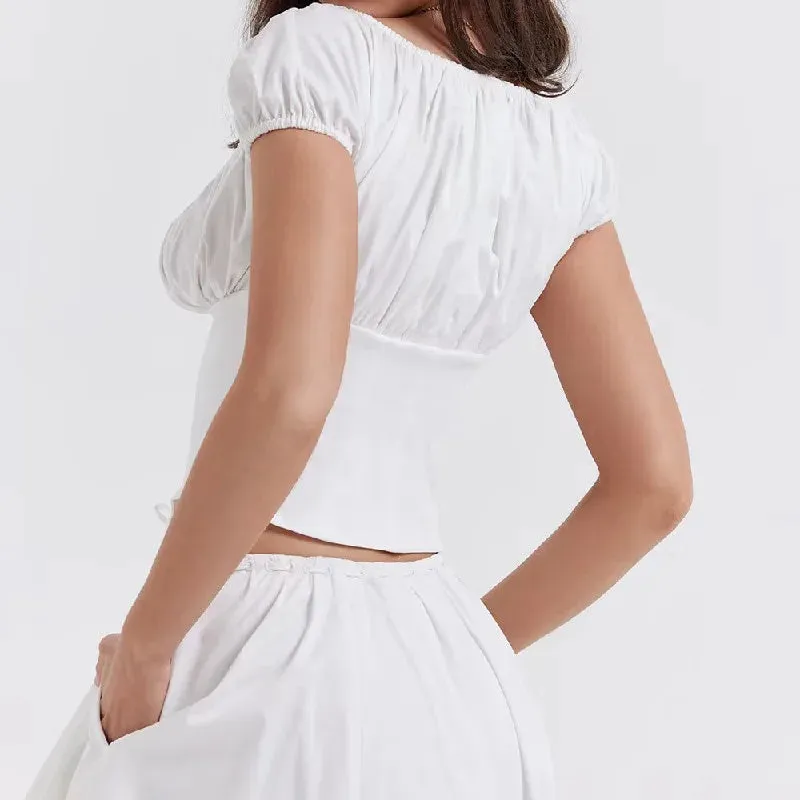 White Ruched Square Waist Short Sleeve Bodycon Crop Blouse