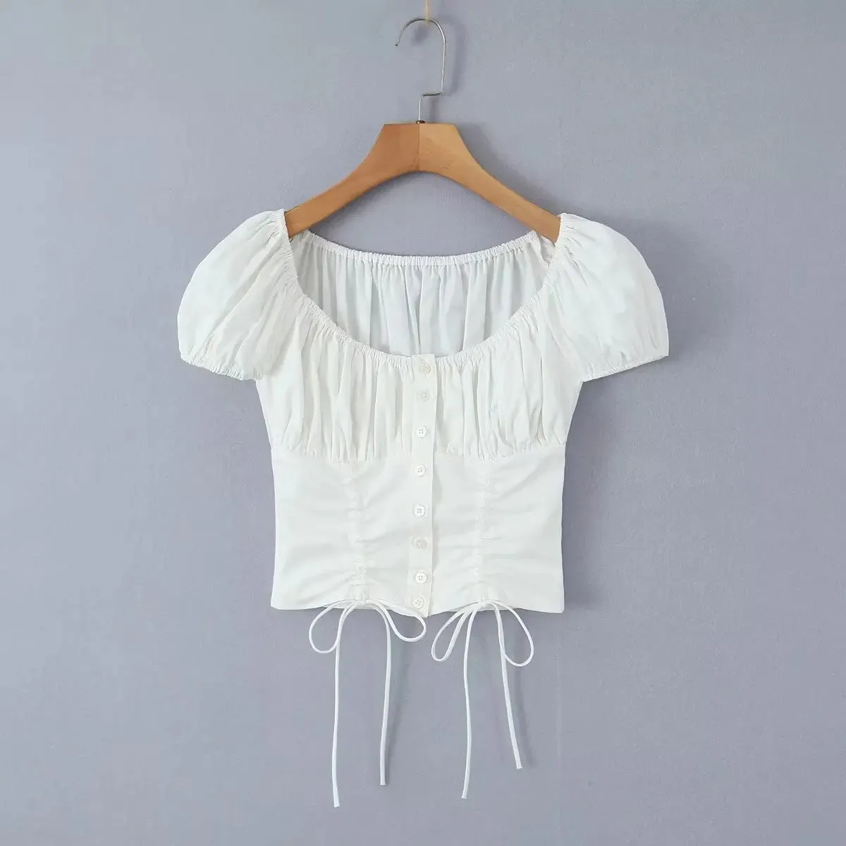 White Ruched Square Waist Short Sleeve Bodycon Crop Blouse