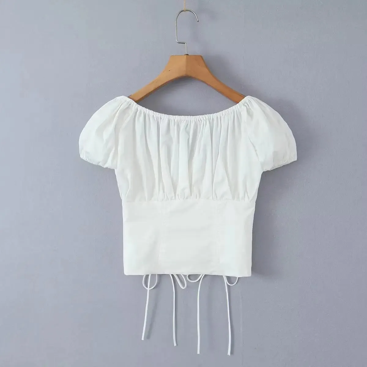 White Ruched Square Waist Short Sleeve Bodycon Crop Blouse