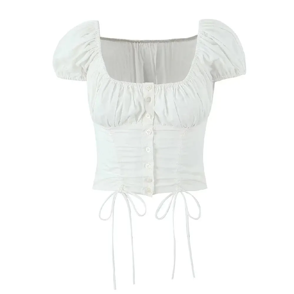 White Ruched Square Waist Short Sleeve Bodycon Crop Blouse