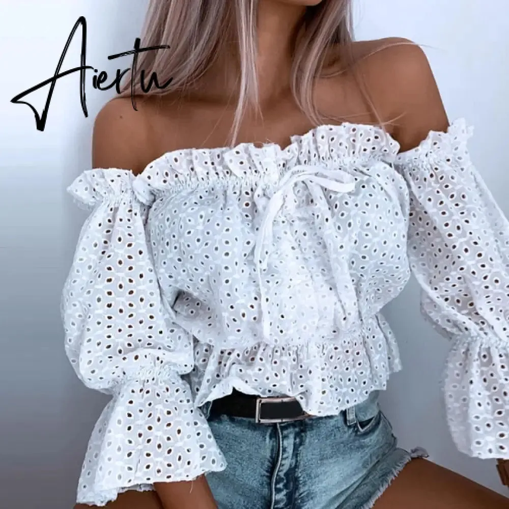 Women Fashion Sexy Off Shoulder Shirt Summer Elegant Hollow Out Lace-Up Tops Office Ladies Casual Solid Simple Shirts