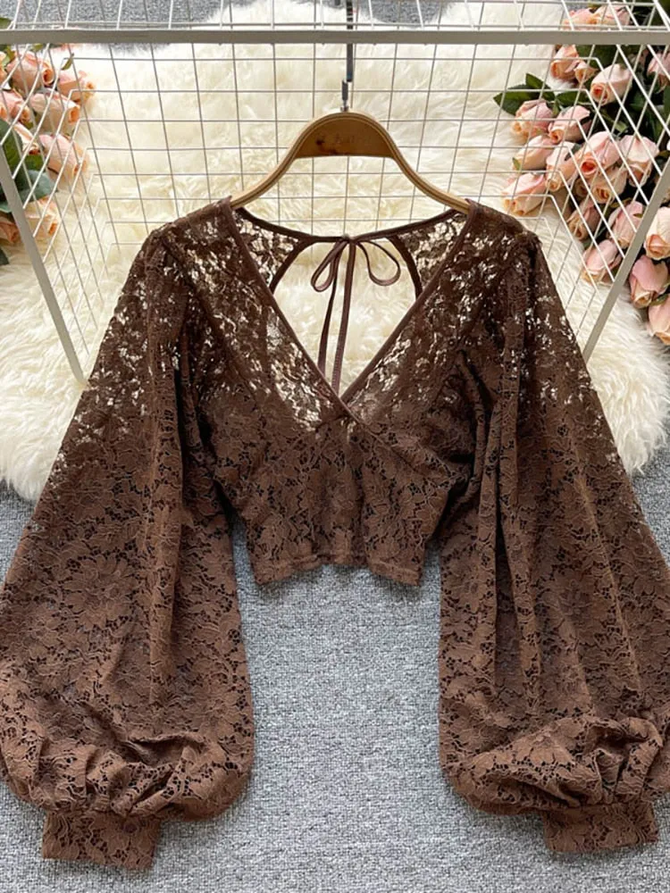 Women's elegant lace blouse with v-neckline and long sleeves open back
