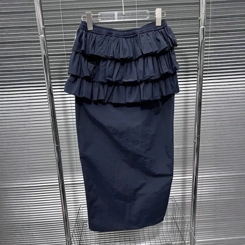 Women's Pleated Cake Skirt Elastic Drawstring Straight Contrast Color Striped Split Long Skirts