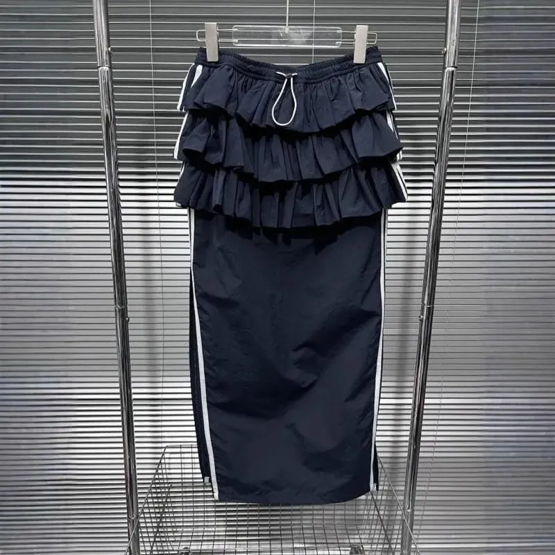 Women's Pleated Cake Skirt Elastic Drawstring Straight Contrast Color Striped Split Long Skirts
