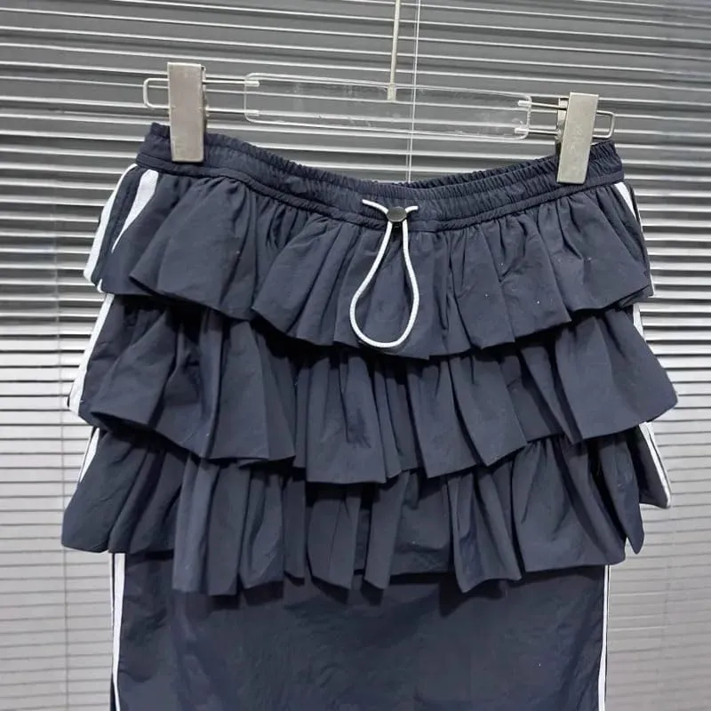 Women's Pleated Cake Skirt Elastic Drawstring Straight Contrast Color Striped Split Long Skirts