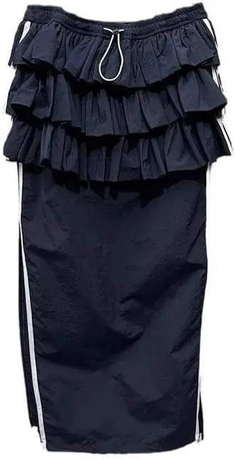 Women's Pleated Cake Skirt Elastic Drawstring Straight Contrast Color Striped Split Long Skirts