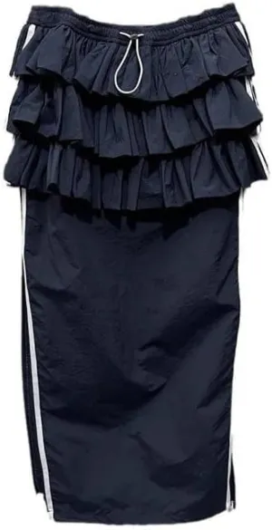Women's Pleated Cake Skirt Elastic Drawstring Straight Contrast Color Striped Split Long Skirts